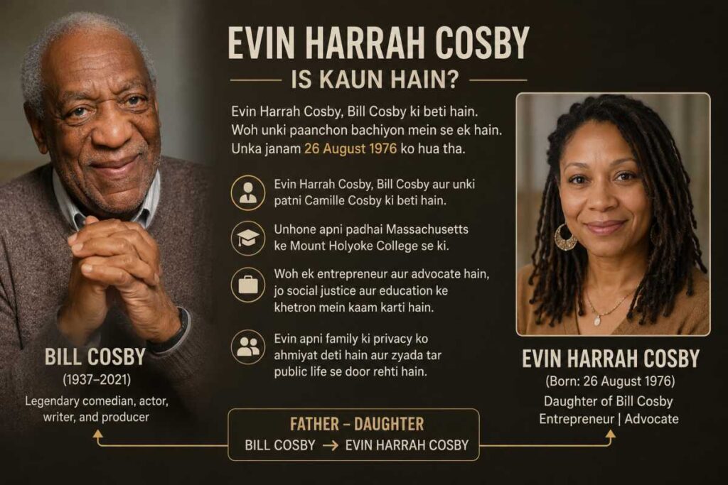 Evin Harrah Cosby standing beside her father, Bill Cosby, sharing a calm and supportive family moment.