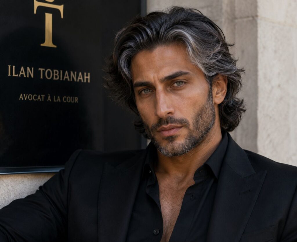 A stylish middle-aged man with silver-streaked dark hair and a trimmed beard, wearing a black suit and black shirt, looks directly at the camera with a serious expression while seated beside a black name plaque in an elegant stone setting.